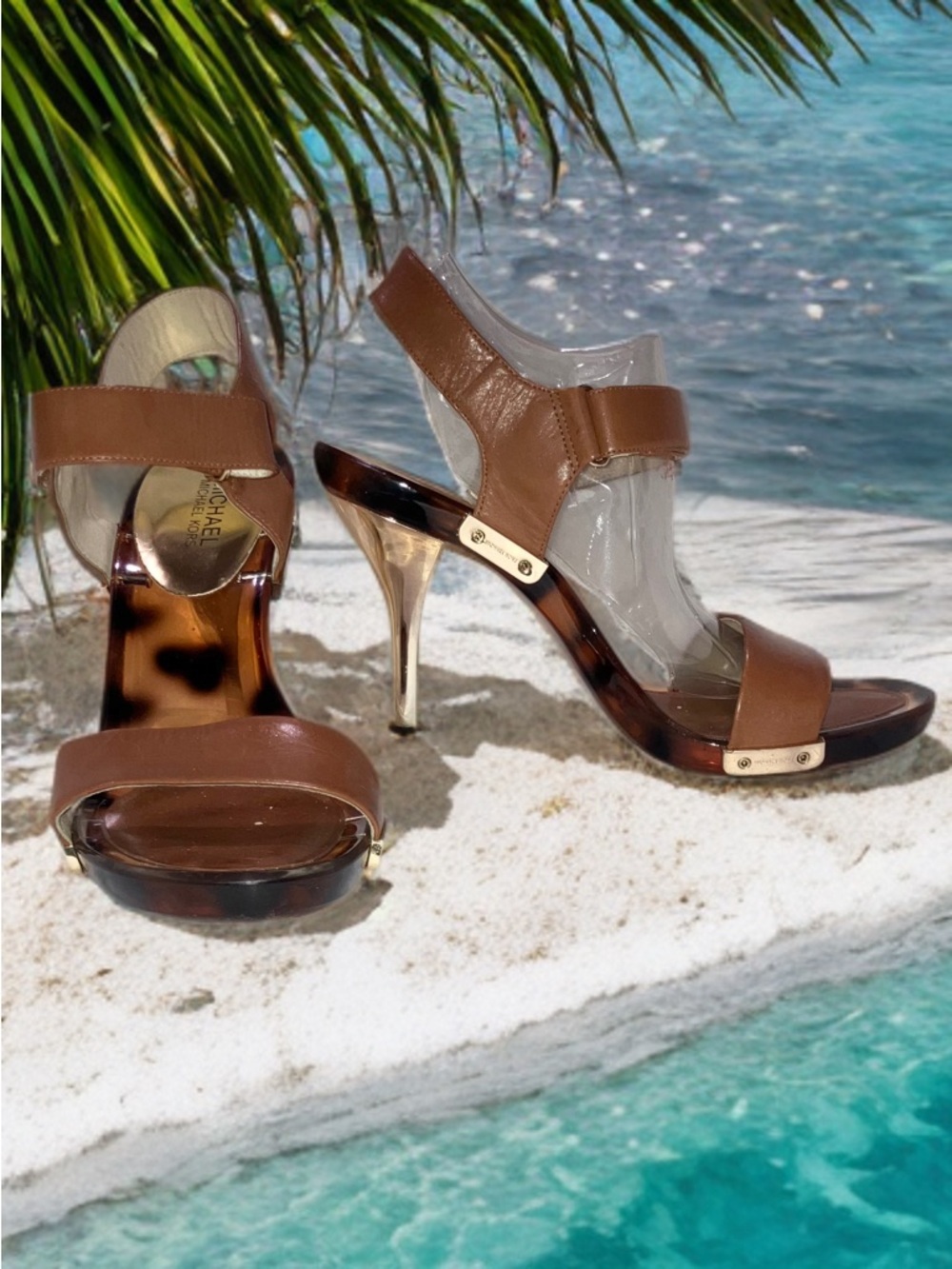 Michael Kors Lani Tortoise Sandal High Heel Lucite Gold Shoes Sandals Size 11 - Picture 11 of 11